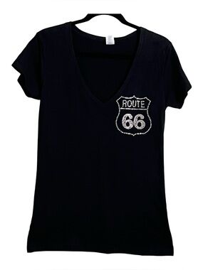 Black V-Neck Tee with Rhinestone Route 66 Shield.  Tagged XL but fits like M/L